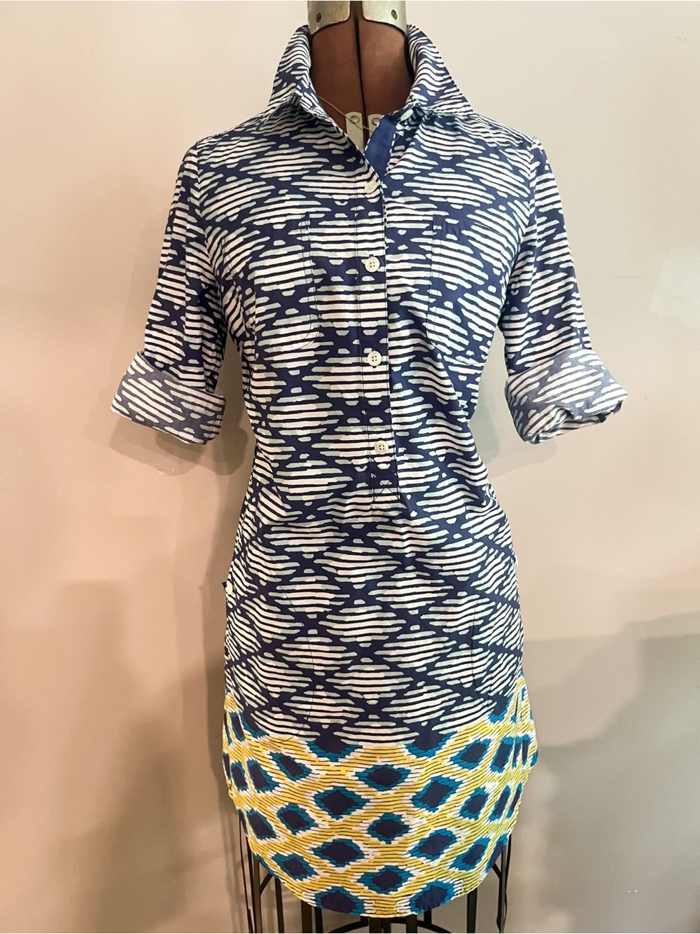 Lands' End Blue and White Patterned Midi Shirt Dress Coastal Nautical Size 6
